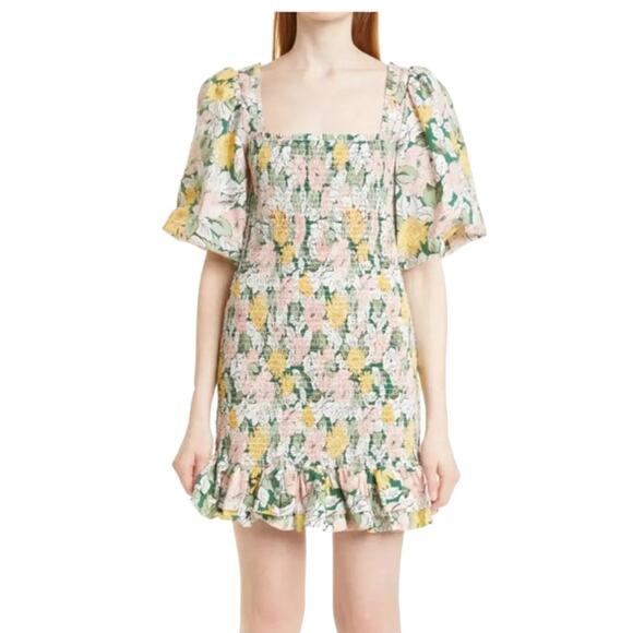 ByTimo Floral Festive Cotton Smocking Square Neck Mini Dress Size M - Picture 1 of 7